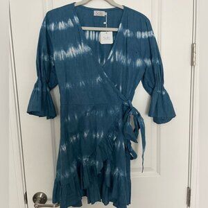 Sole Tatiana Linen Blend Tie Dye Blue Wrap Mini Dress blue